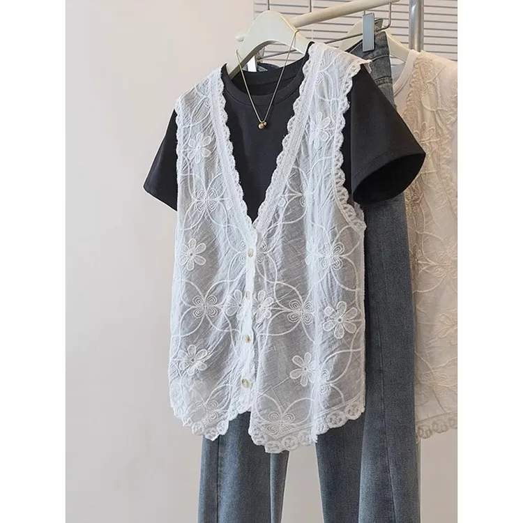 蕾丝花朵刺绣V领雪纺马甲背心女夏新款大码胖mm叠穿袖上衣洋气
