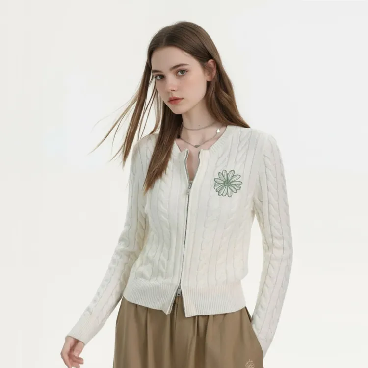 Mardi雏菊刺绣多彩绞花绵羊毛毛衣双拉链针织开衫外套女XF508