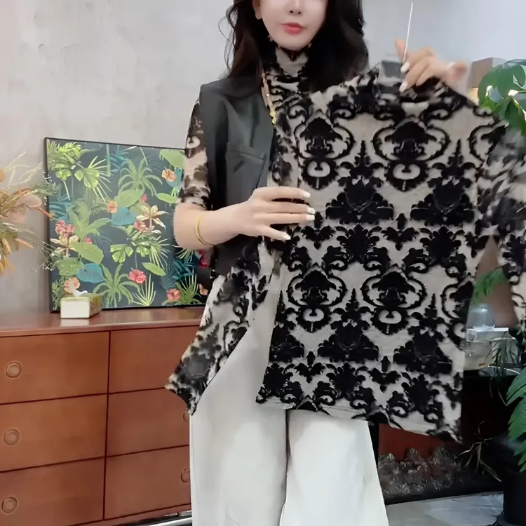 国风钩花加绒染色提花长女冬修身显瘦时尚气质百搭高弹遮肉打底衫