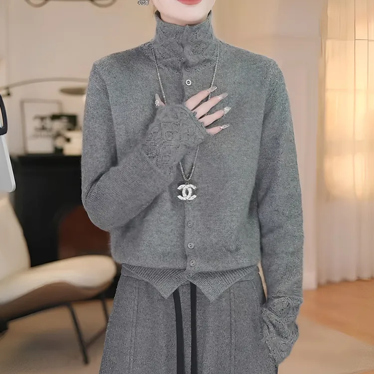 韩系氛围感高领针织衫开衫女冬季2025新款加厚保暖软糯显瘦毛衣