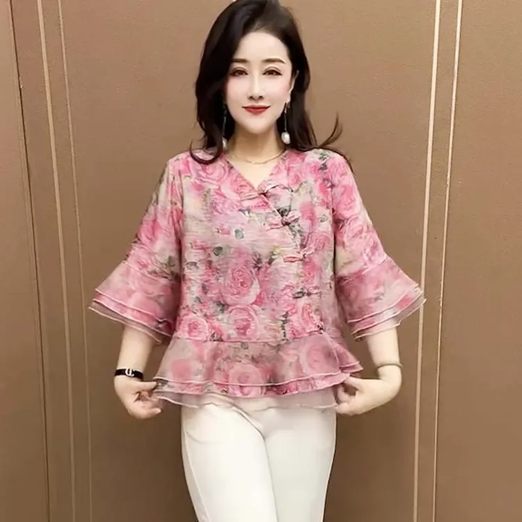 夏季新款气质洋气时尚百搭中老年妈妈装国风上衣盘口减龄打底衫女