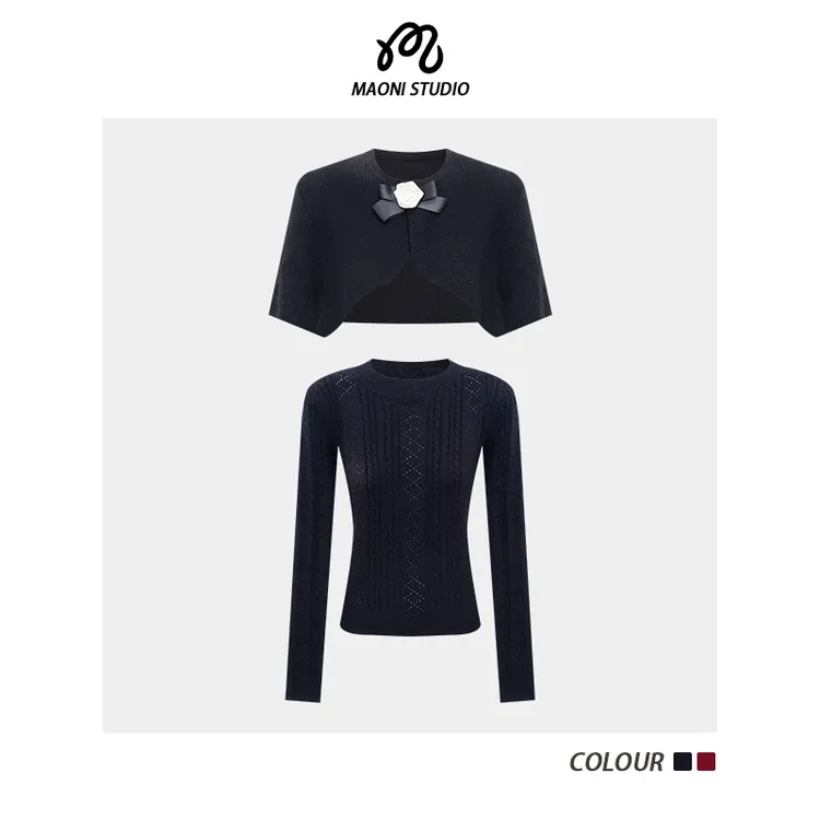 毛妮LADIESFIRST立体山茶花套装斗篷式针织衫配显瘦针织衫L2899