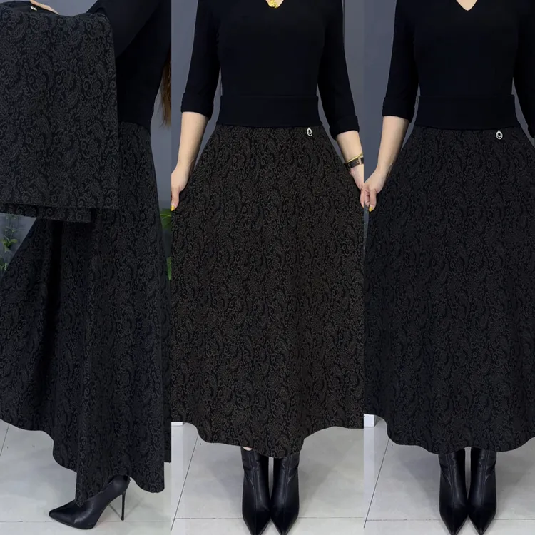 9808-1#秋冬新款松紧腰复古提花大摆裙女士半身裙2025款