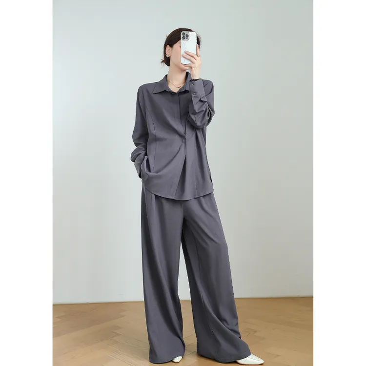 早秋大码女装衬衫套装女胖mm休闲慵懒高级感宽松上衣阔腿裤两件套