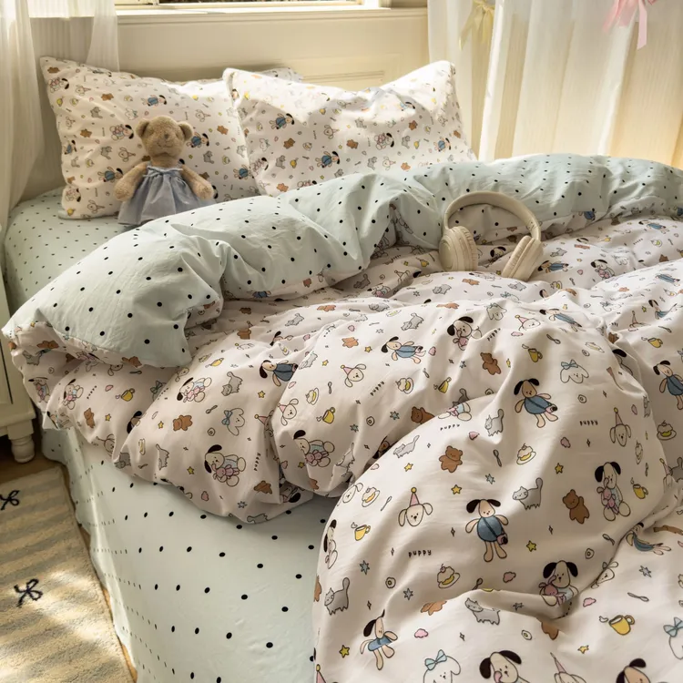 清新柔软水洗棉四件套童趣印花被套学生宿舍床单人三件套南通家纺