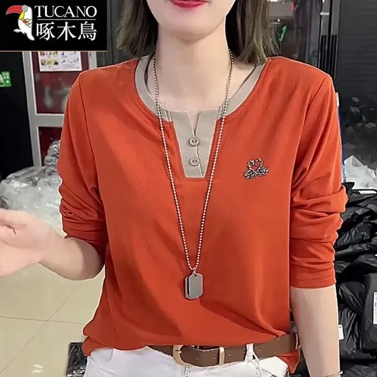 啄木鸟新款简约穿搭宽松上衣2025春秋百搭休闲薄款长袖拼接t恤潮