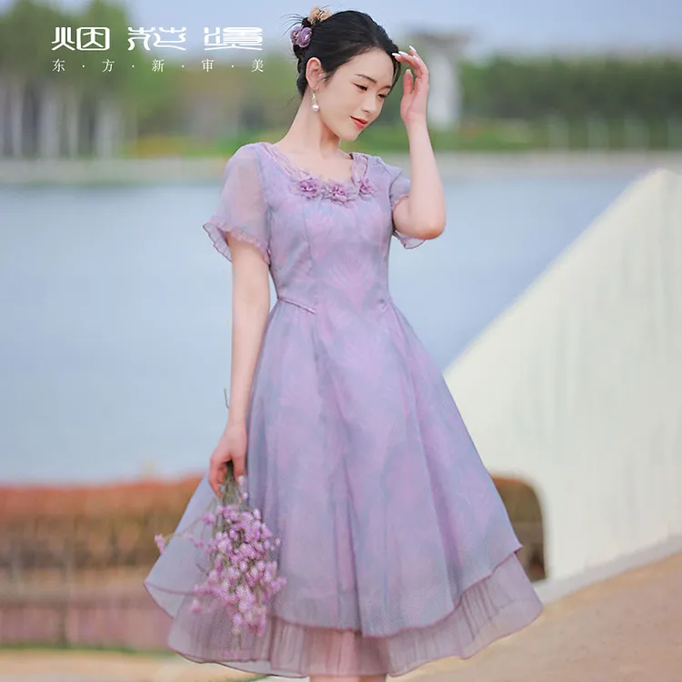 烟花烫浪漫法式连衣裙女2025夏季新款小个子灰紫色显瘦a字裙 垂虹