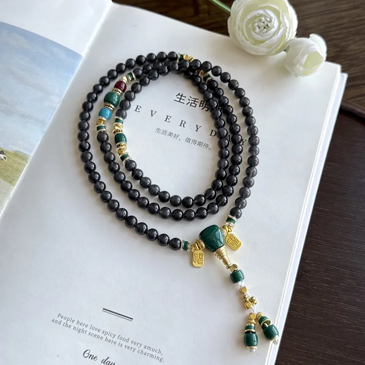 F73冰乌鸡圆珠设计款项链四会翡翠 缅甸天然A货翡翠多层复古时尚