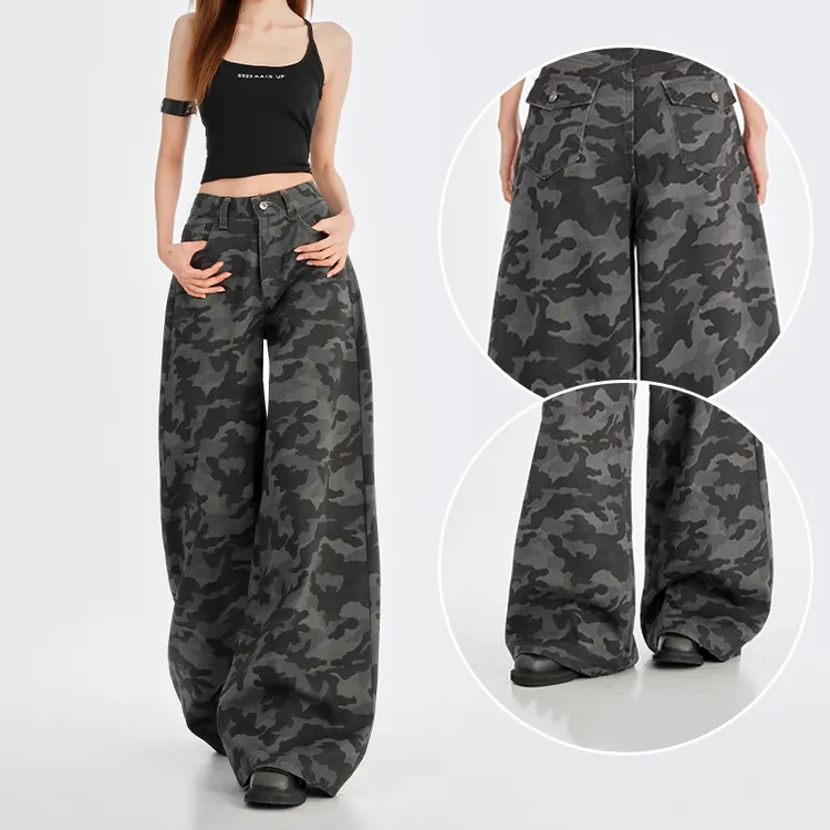大码女装美式迷彩直筒牛仔裤女胖MM2025新款高腰宽松显瘦阔腿裤子