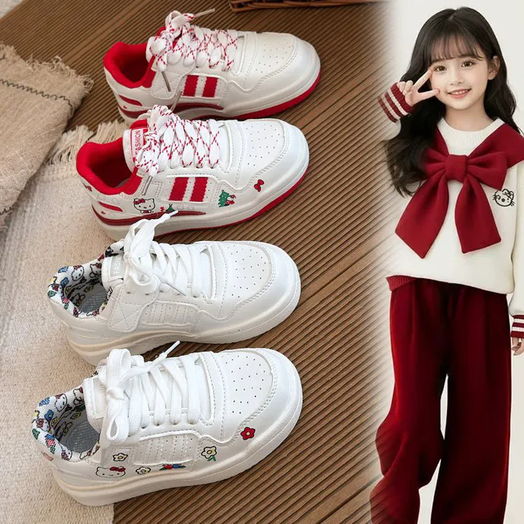 韩版儿童KT猫冬季新款运动小白鞋男女童可爱卡通加绒百搭板鞋