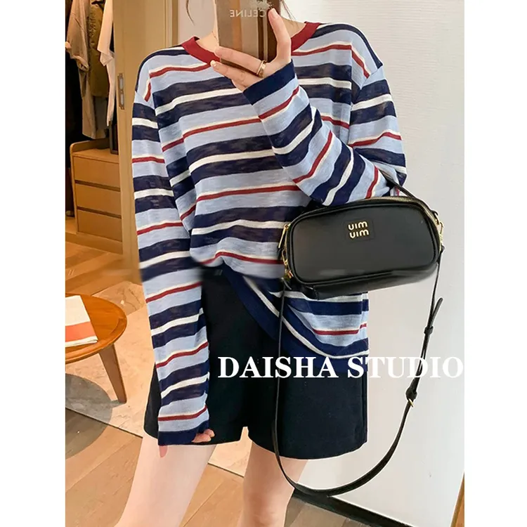 欧洲站夏秋新款时尚条纹圆领显瘦t恤女长袖防晒针织罩衫薄上衣551