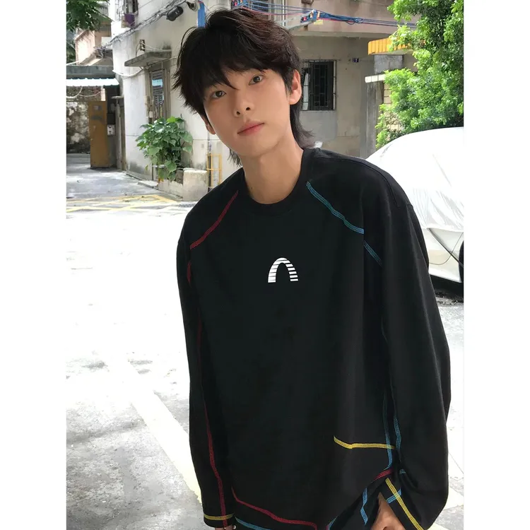 美式高街潮牌趣味印花黑色长袖T恤男款秋季纯棉重磅圆领打底上衣