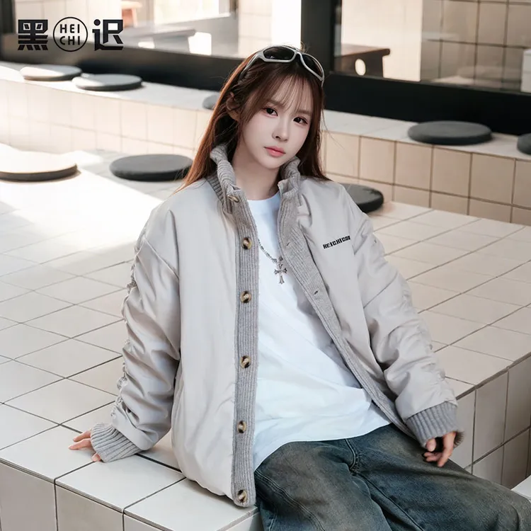 黑迟原创冬季宽松显瘦百搭针织拼接立领棉服上衣男女同款情侣棉衣