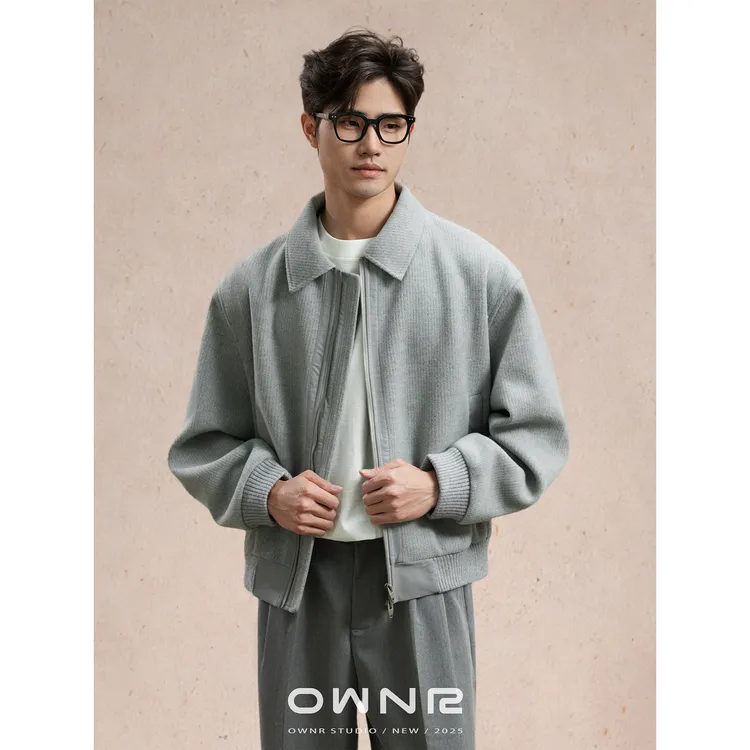 "提花毛呢" OWNR灰色宽松拼皮夹克男2025年秋双拉链保暖老钱外套