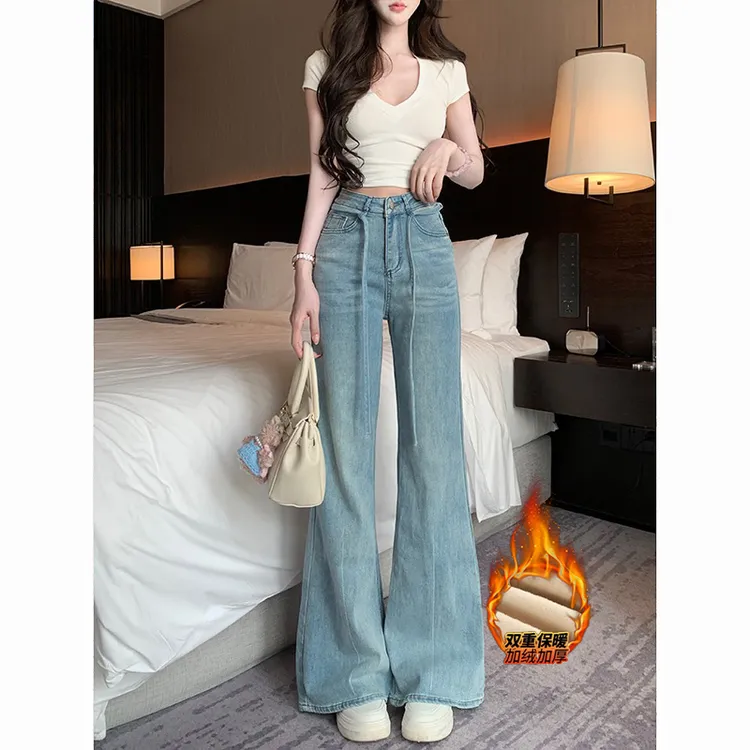 设计感抽绳高腰不贴腿加绒微喇裤女2025冬季新款舒适显瘦牛仔长裤