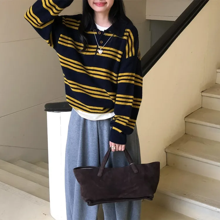 韩系时尚洋气显瘦polo领撞色条纹套头针织衫复古毛衣开衫外套女