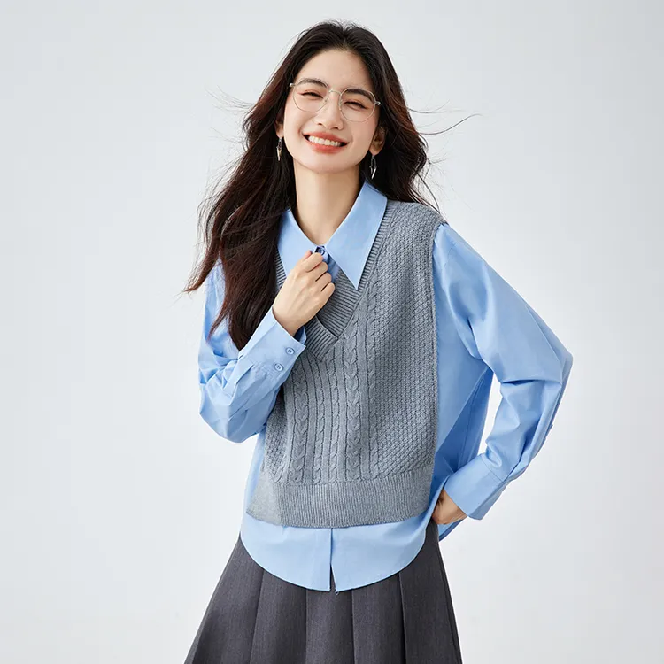 【美式叠穿】宽松翻领蓝色衬衫拼接针织马甲 假两件学院风衬衣女秋