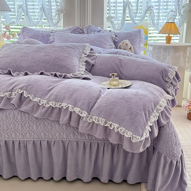 法式高克重牛奶绒四件套夹棉床盖款双面绒珊瑚绒花边被罩加厚保暖