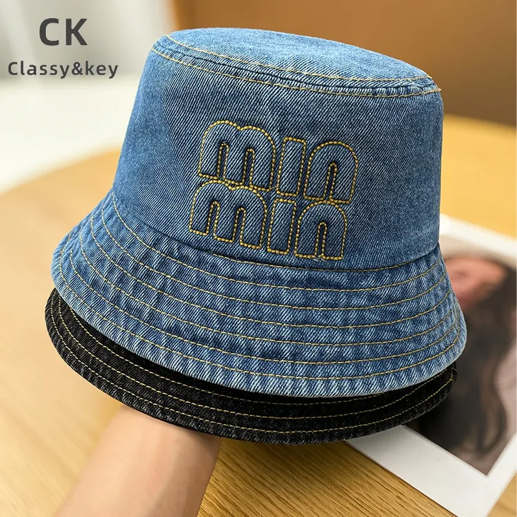 Classy key新加坡设计师联名款水洗牛仔渔夫帽刺绣字母显脸小盆帽