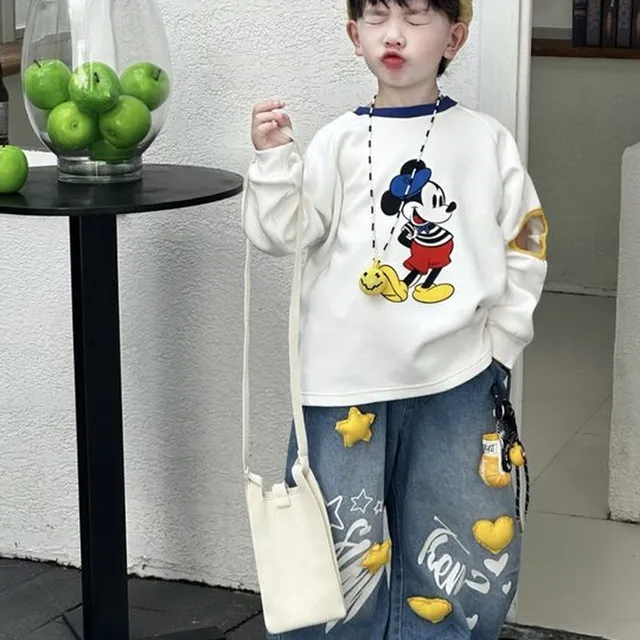 儿童秋季套装2025新款男宝宝米奇长袖印花卫衣牛仔立体爱心长裤潮