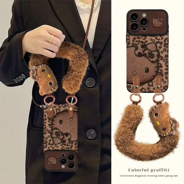 斜跨毛绒kt适用苹果17华为VIVO/OPPO小米iPhone16视窗贴皮手机壳