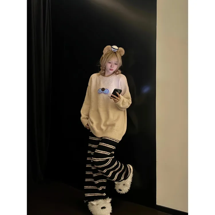 奶乎乎毛衣慵懒半边绒保暖睡衣女秋冬加厚条纹针织长裤家居服套装