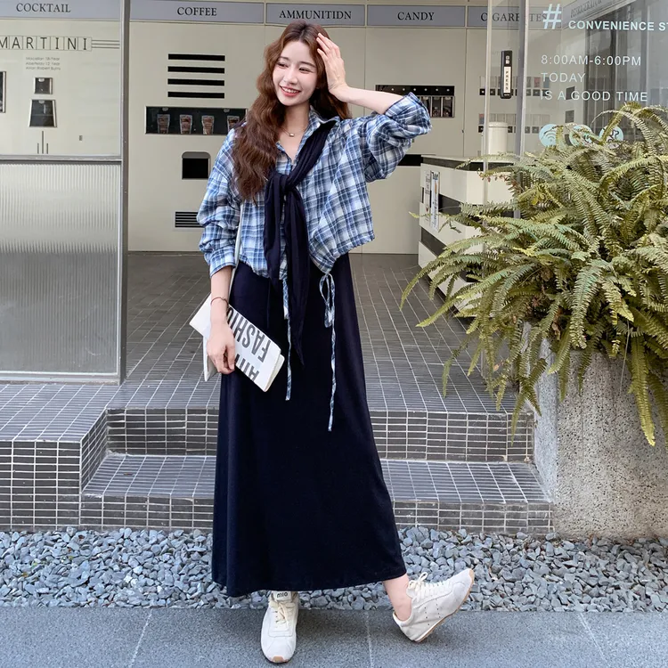 蓝色格纹休闲衬衫套装裙女2025秋新款学院风气质减龄半身裙三件套