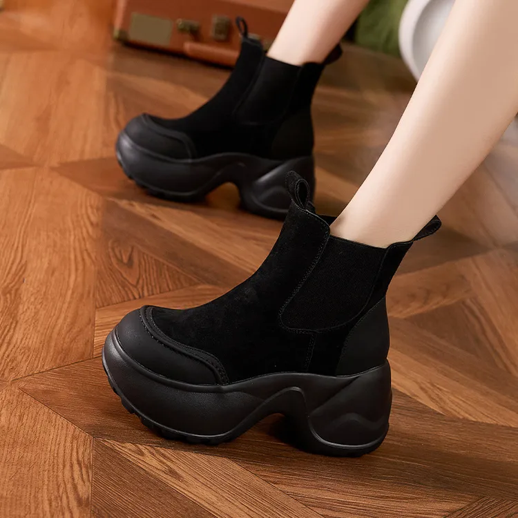 厚底烟筒靴女款2025秋冬新款百搭一脚蹬中筒靴子小个子内增高短靴