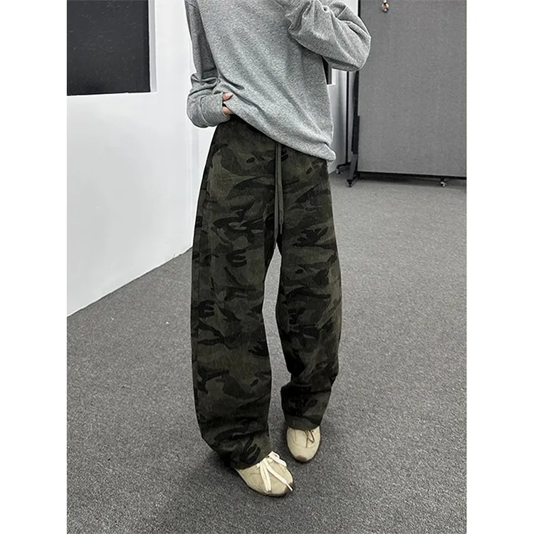 美式高街弯刀迷彩裤男款水洗做旧阔腿镰刀裤子cleanfit男生工装裤