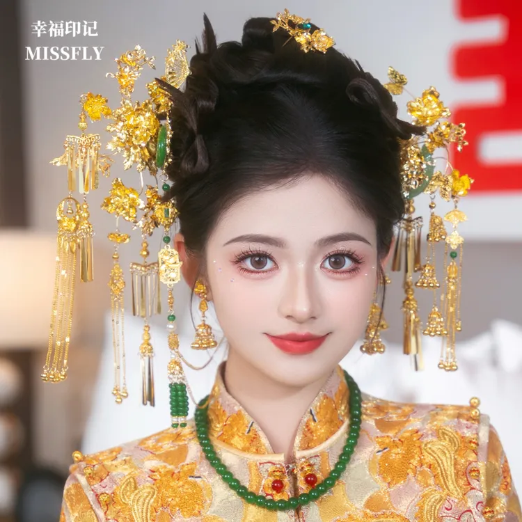 龙凤褂头饰金色绿珠子后区新娘新中式秀禾旗袍晨袍汉服发饰婚礼