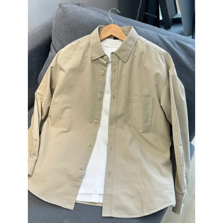 日系浅卡其色工装衬衫男款秋季新款长袖衬衣休闲cityboy情侣外套