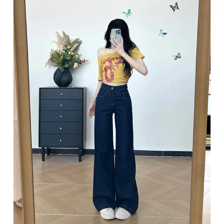 乔栈莱赛尔丹宁蓝牛仔阔腿裤女夏季新款高腰松弛感宽松直筒拖地裤