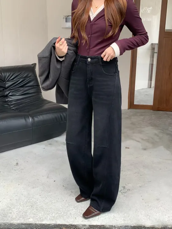 直筒微弹冬季牛仔裤水洗植绒女百搭显瘦弯刀裤高腰