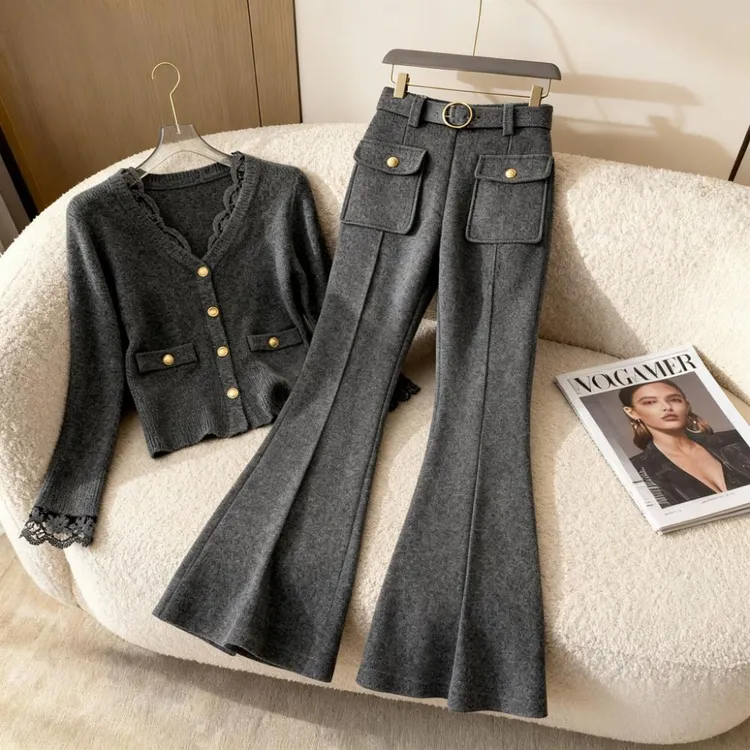 法式慵懒风百搭蕾丝拼接开衫女秋冬季新款厚款减龄微喇阔腿裤套装