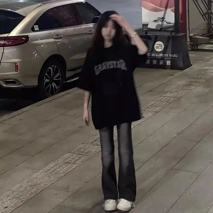 潮走女童短袖套装2025新款黑色喇叭裤大童洋派宽松休闲 运动时髦