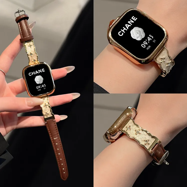 轻奢鎏金适用苹果手表S11表带S10皮质apple watch腕带iwatch9配件
