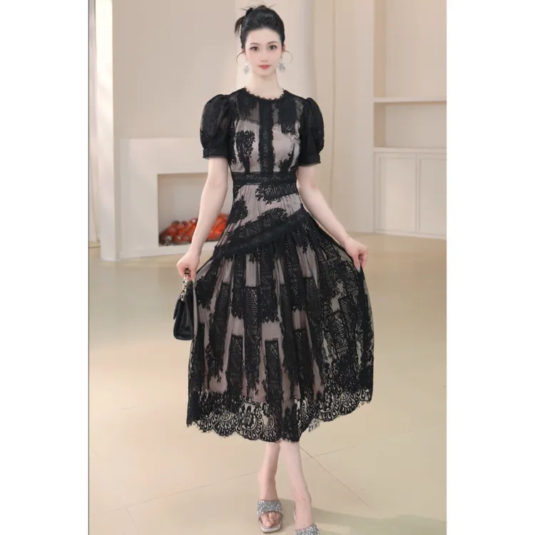 21832蕾丝显瘦气质夏季黑色复古法式收腰轻奢时尚名媛优雅连衣裙
