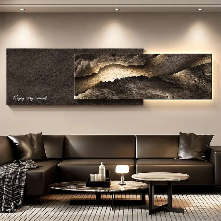 现代轻奢客厅装饰画高级感沙发背景墙挂画抽象艺术砂岩肌理壁画灯