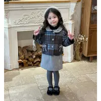 壹妈童装女童灰色夹棉背心裙套装秋冬新款小香风女宝毛呢格子外套