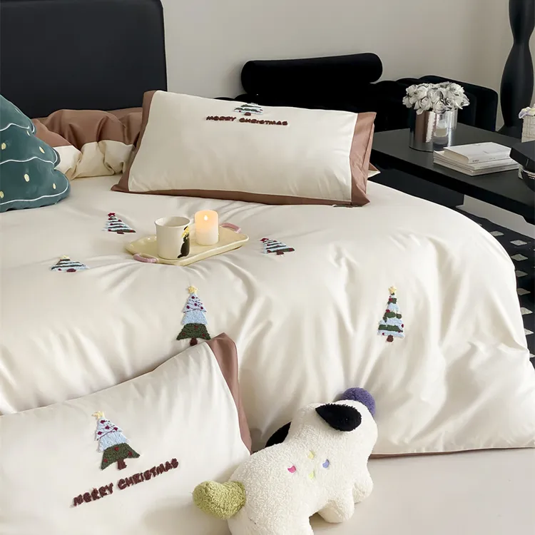 易安阁100支长绒棉丝滑毛巾绣圣诞树棕色床上四件套1.5m1.8米床单