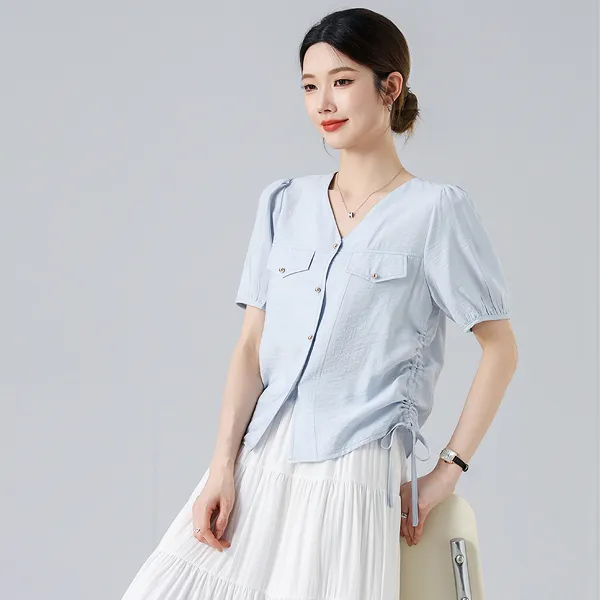燕苹新夏款时尚V领侧腰抽褶修身显瘦纯色百搭薄款透气衬衫CX2529