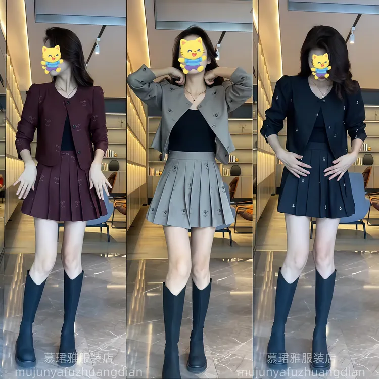 2024秋季新款时尚印花两件套女百搭显瘦外套减龄百褶裙高级感套装