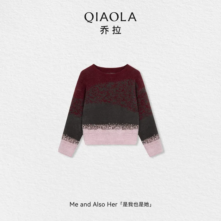 QIAOLA/乔拉【红茶摩卡】冬季仿水貂圆领设计宽松渐变显瘦毛织上衣