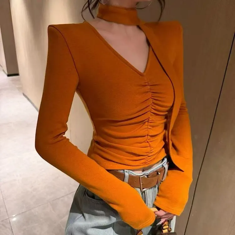 V领飘带设计长袖T恤女秋冬新款褶皱性感加厚磨毛小众打底衫5683