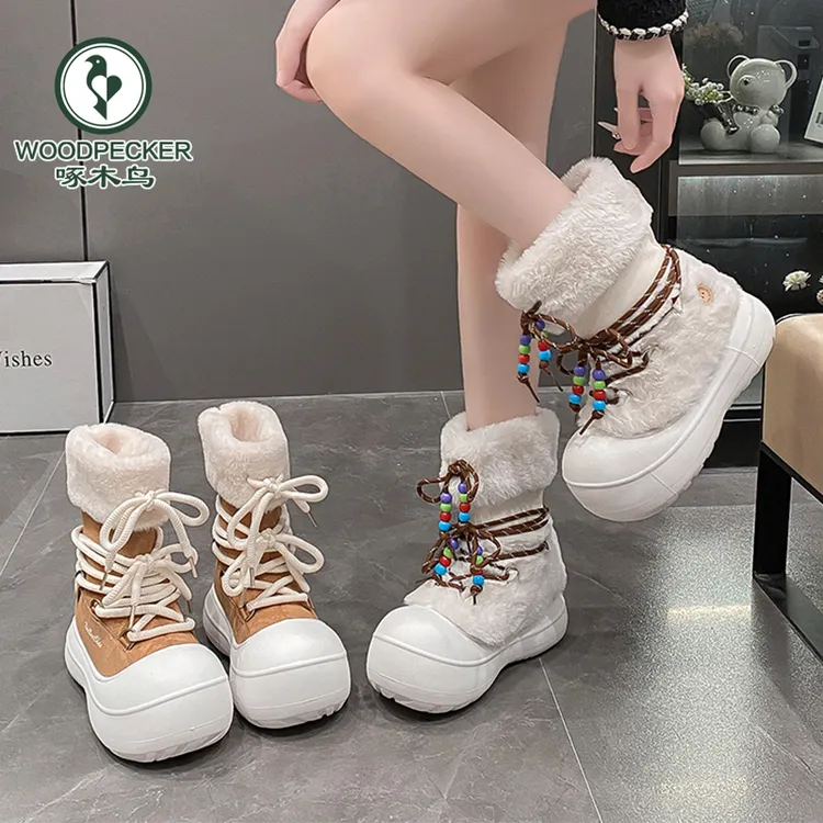 啄木鸟雪地靴女冬季丑萌短筒棉靴增高厚底毛毛靴加绒加厚保暖棉鞋