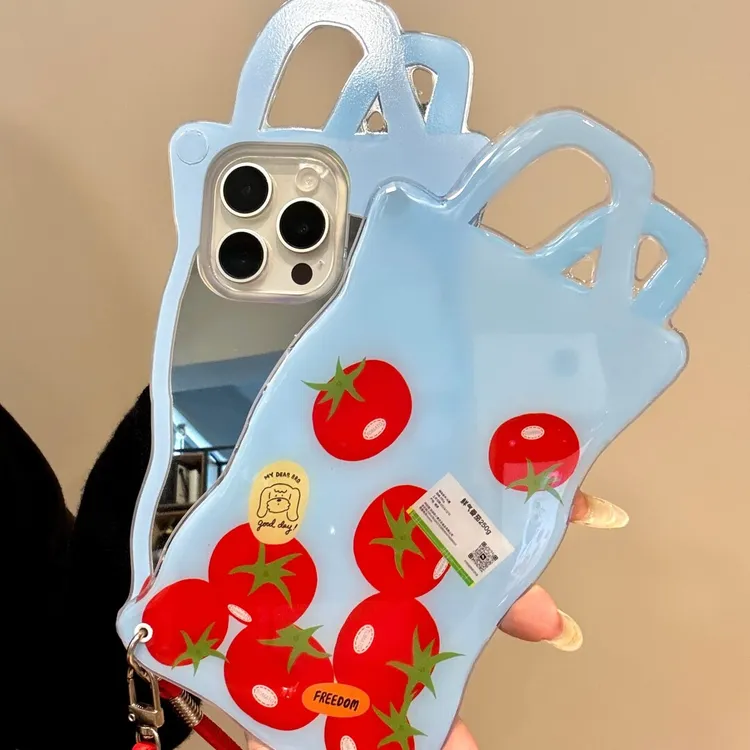 创意推拉镜面蓝购物袋番茄适用iphone16promax苹果15手机壳14/13