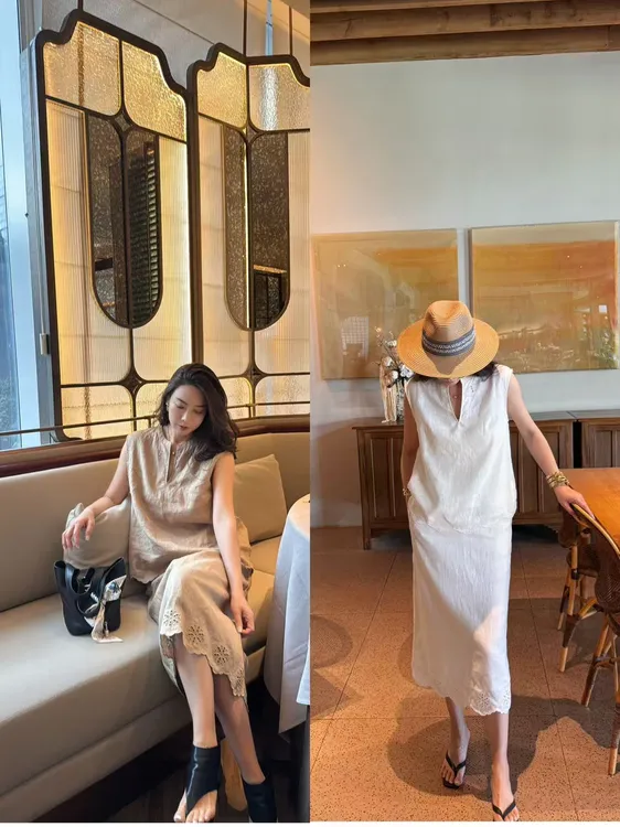 POGU-R 新品经典亚麻套装宽松老钱风背心马甲半身裙TZ-441