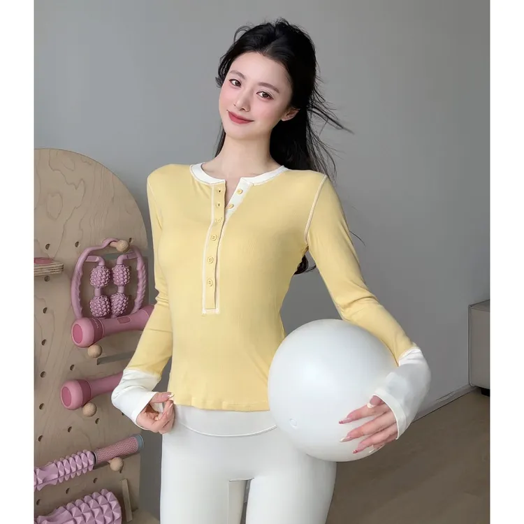 gogoyoga撞色拼接瑜伽上衣半开门襟气质圆领普拉提健身长袖t恤