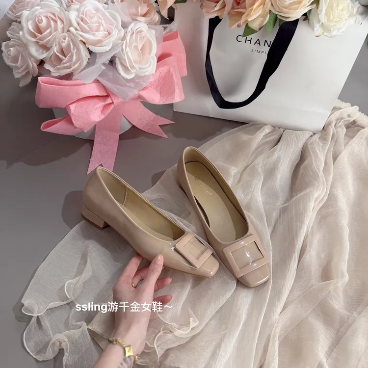 裸粉色3公分～ 百搭经典方扣耐磨暴走春季粗跟工作鞋单鞋皮鞋