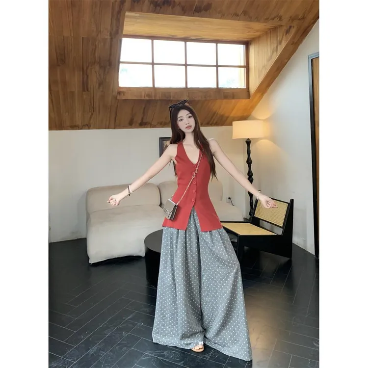 复古辣妹v领针织马甲背心上衣花朵休闲裤宽松阔腿长裤子套装女夏